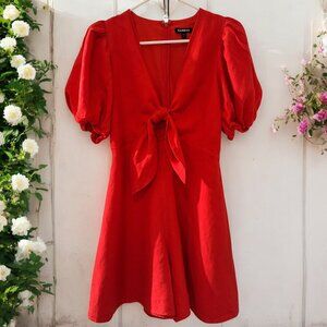 Express Linen-Blend Tie-Front Red Romper Puff-Sleeve XS Accentuated Bust Tie Low